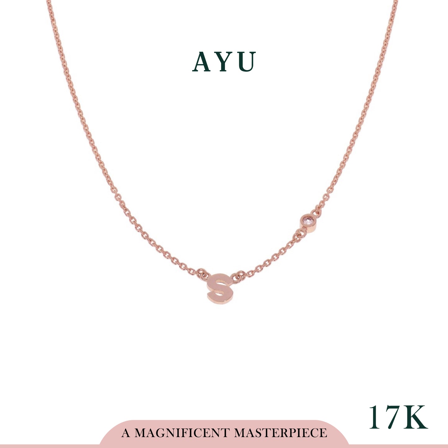AYU GOLD INITIAL WITH MINI BEZEL CHAIN NECKLACE 17K ROSE GOLD
