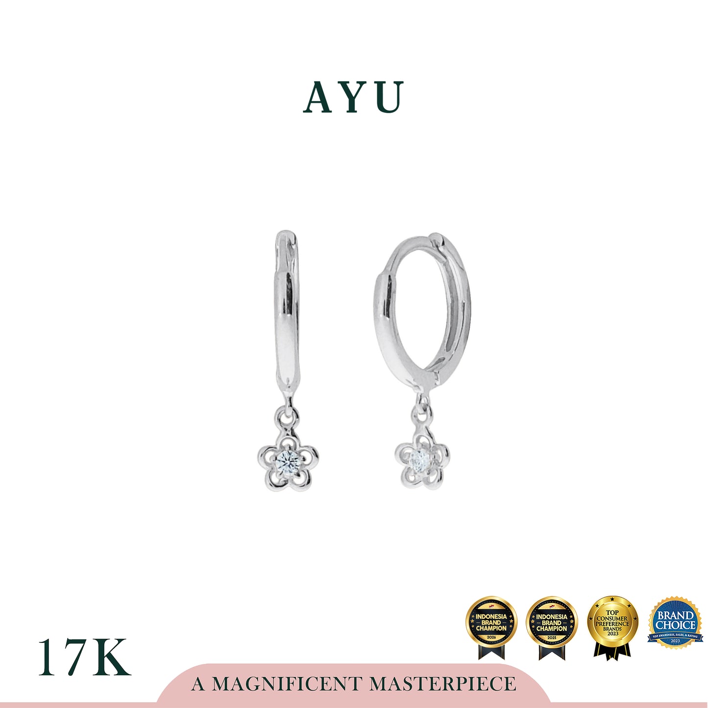 AYU Anting Emas - Gold Doughnut With Golden Daisy Earrings 17k White Gold
