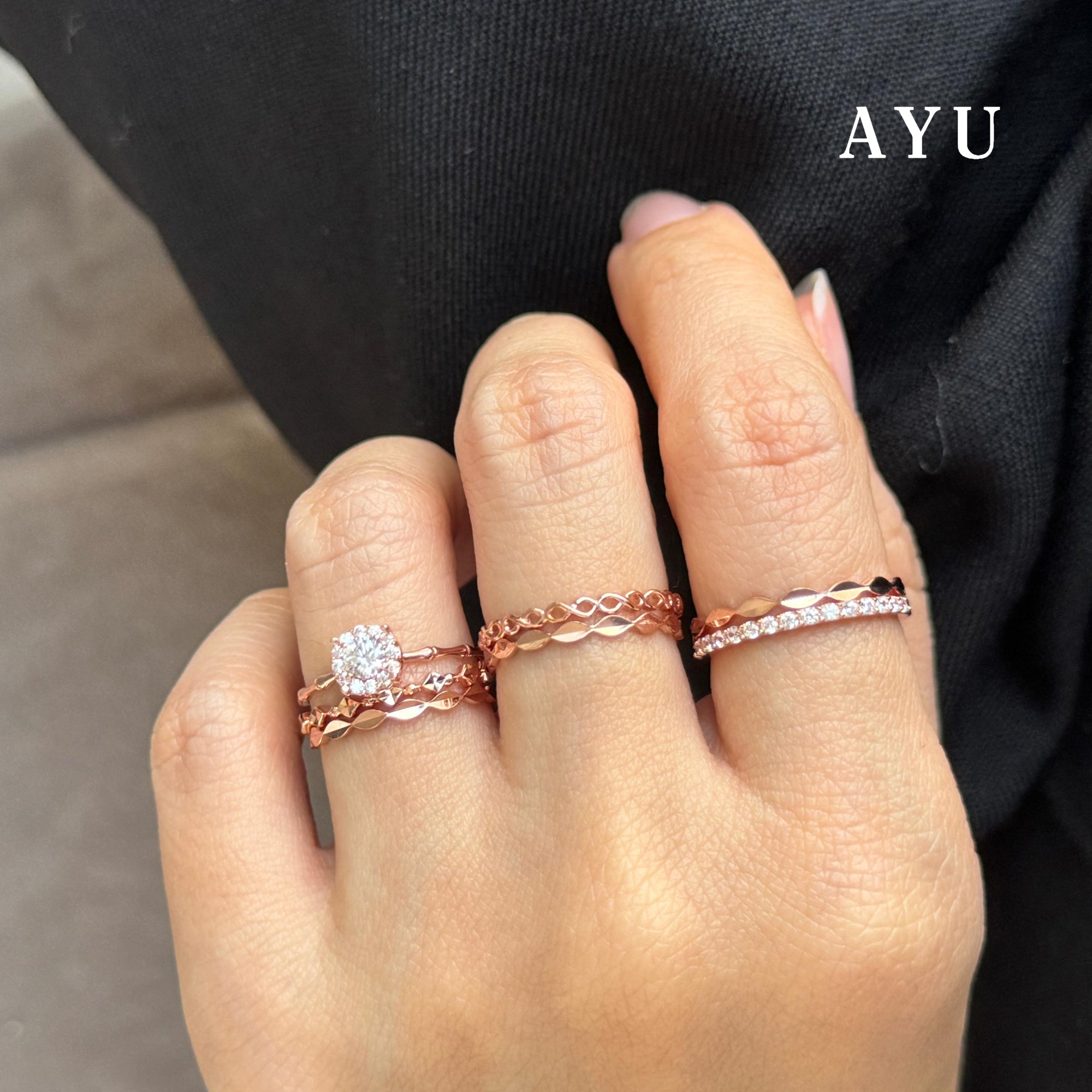 AYU Cincin Emas - Round Solitaire Bamboo 17K Rose Gold