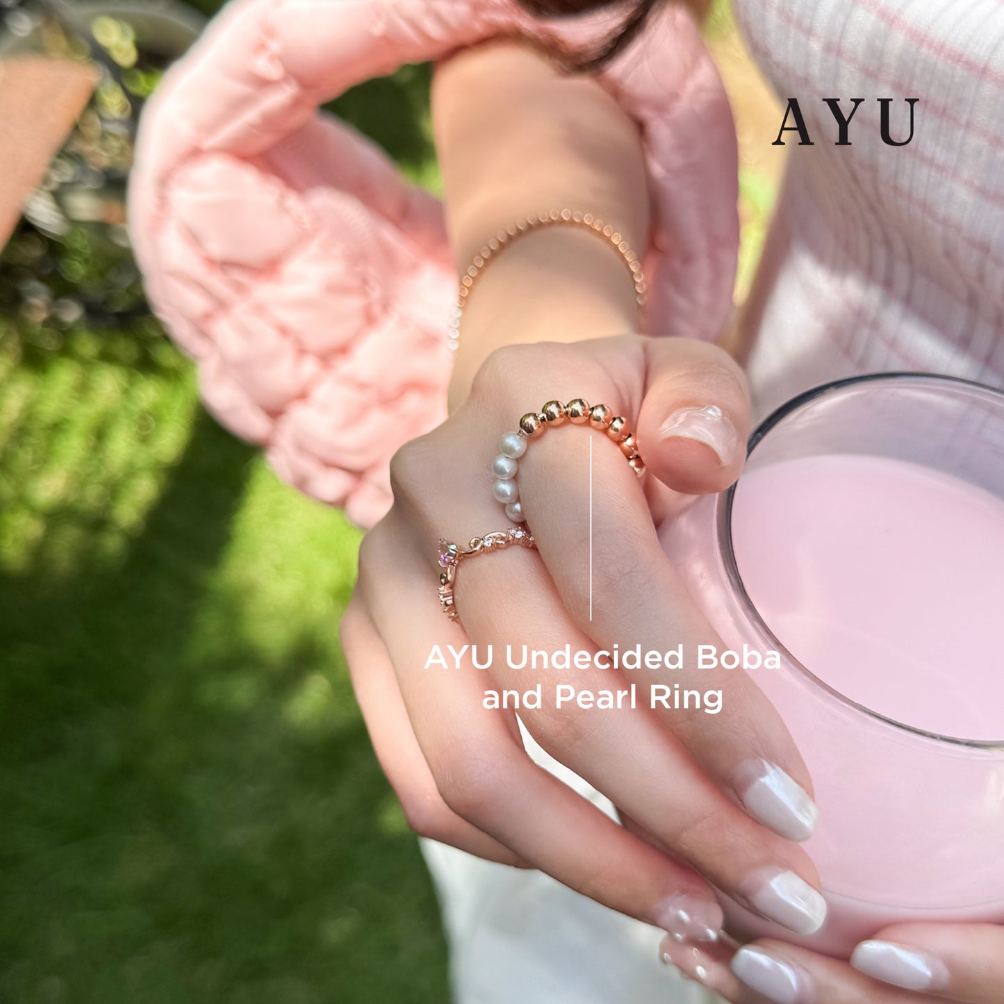 AYU Cincin Emas - Undecided Boba And Pearl Ring 17k Rose Gold