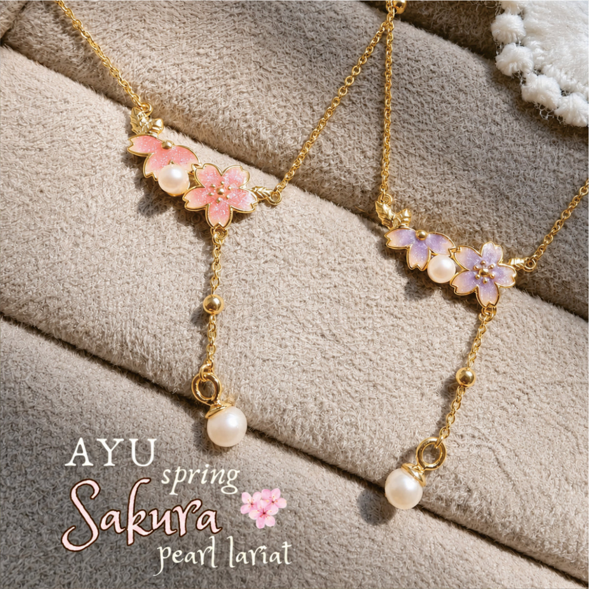 AYU Kalung Emas - Spring Sakura Pearl Lariat Chain Necklace 16k Yellow Gold