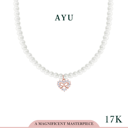 AYU Kalung Korea - Ribbon On A Heart Charm With Beaded Manik Necklace 17k Rose Gold