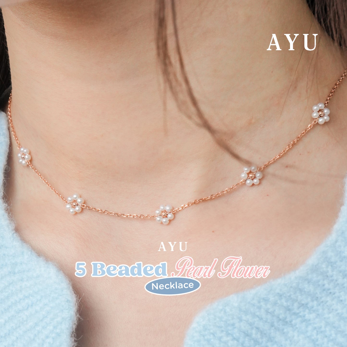 AYU Kalung Emas - Small 7 Beaded Pearl Flower Necklace 17k Rose Gold