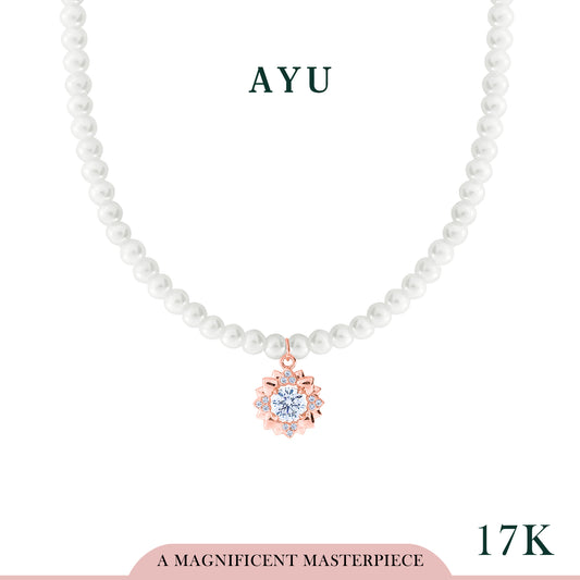 AYU Kalung Korea - Blooming Flower Charm With Beaded Manik Necklace 17k Rose Gold