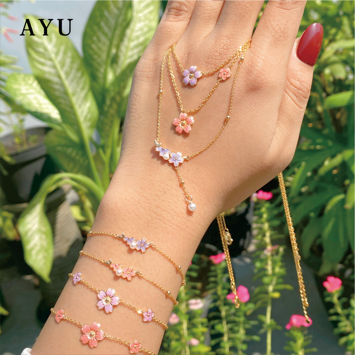 AYU Kalung Emas - Spring Sakura Pearl Lariat Chain Necklace 16k Yellow Gold