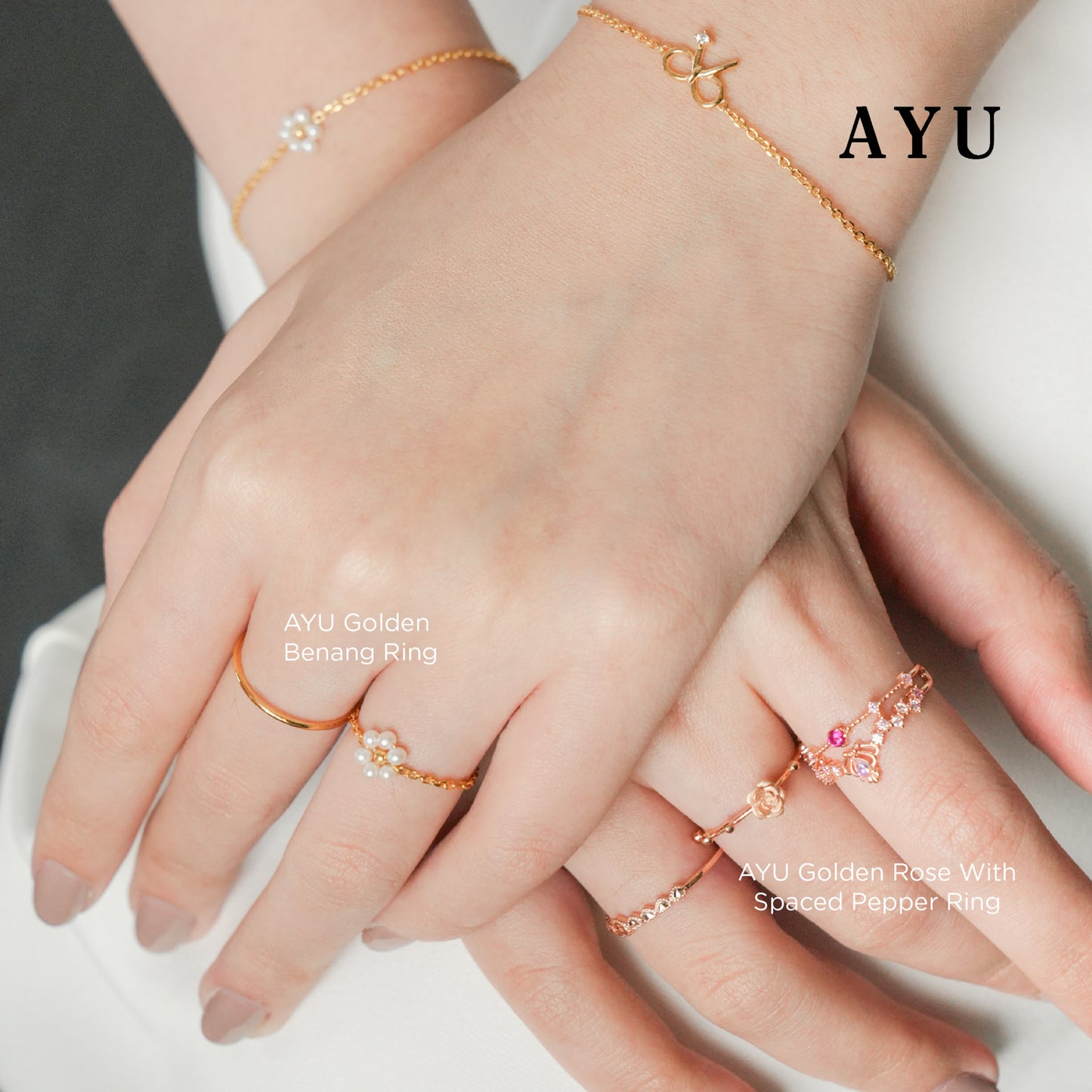 AYU Cincin Emas - Beaded Pearl Flower Adjustable Ring 17k Rose Gold