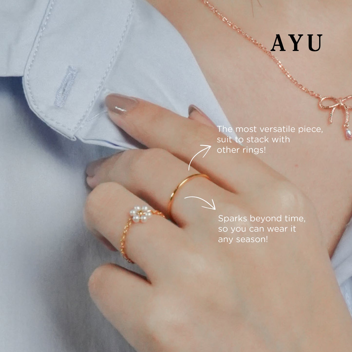 AYU Cincin Emas - Beaded Pearl Flower Adjustable Ring 17k Rose Gold