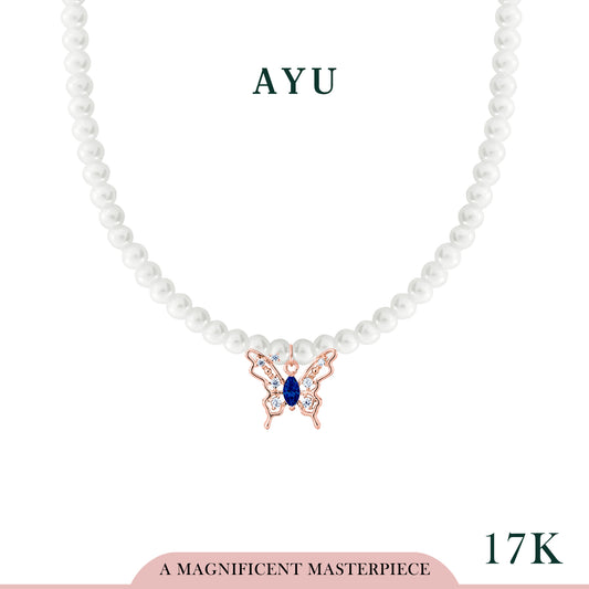 AYU Kalung Korea - Butterfly Marquis Charm With Beaded Manik Necklace 17k Rose Gold