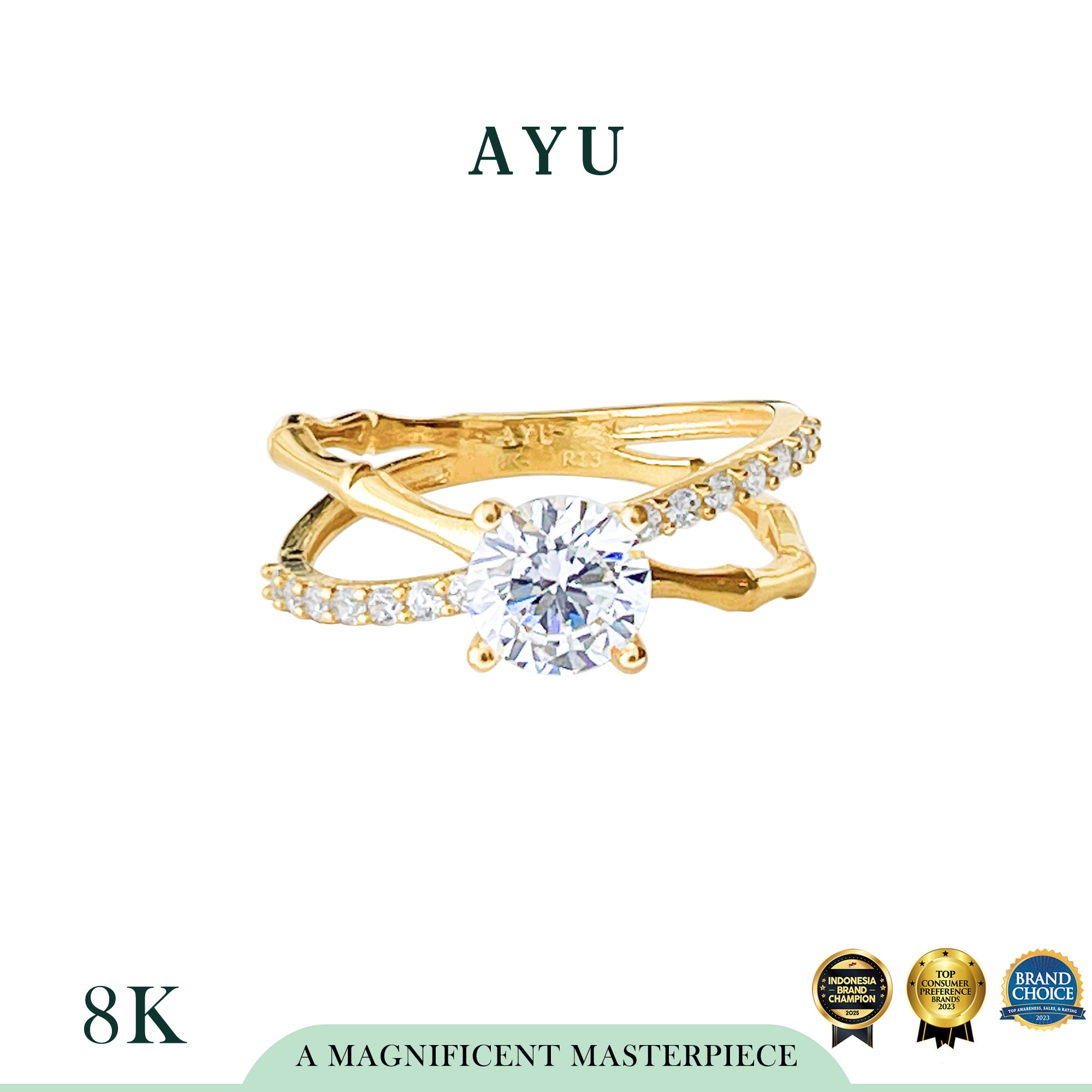AYU Cincin Emas - X Bamboo Round Solitaire 8k Yellow Gold