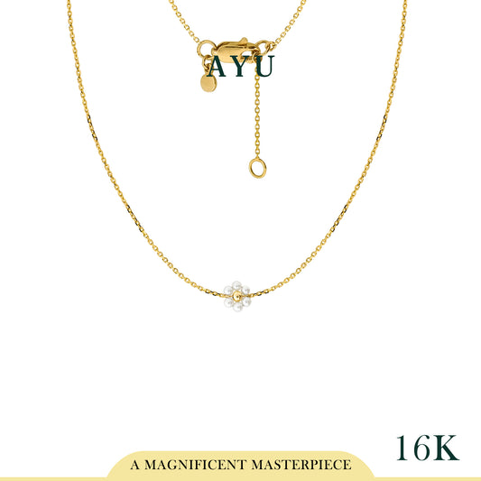 AYU Kalung Emas - Small Beaded Pearl Flower Necklace 16k Yellow Gold