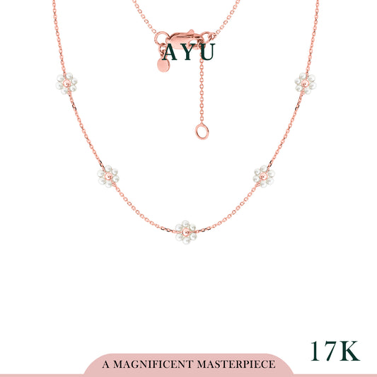 AYU Kalung Emas - Small 5 Beaded Pearl Flower Necklace 17k Rose Gold