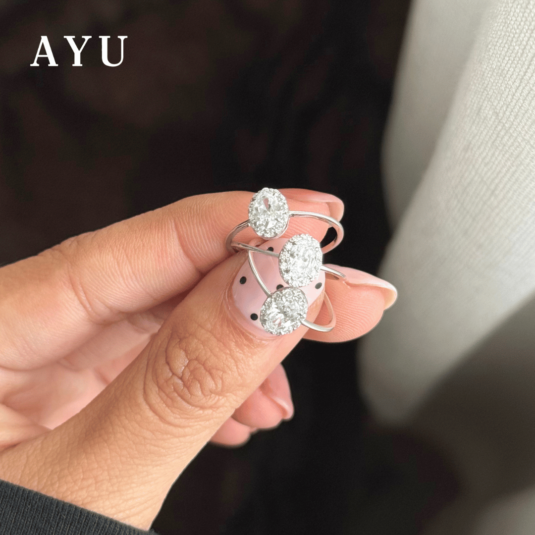 AYU Cincin Emas - Oval Halo Ring 17k White Gold