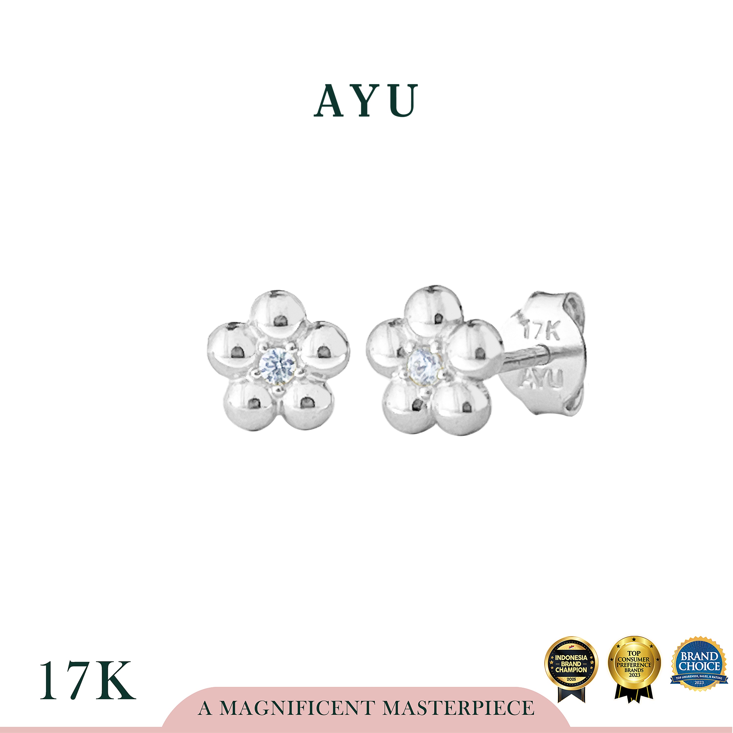 AYU Anting Emas - Mochi Flower Studs 17k Rose & White Gold
