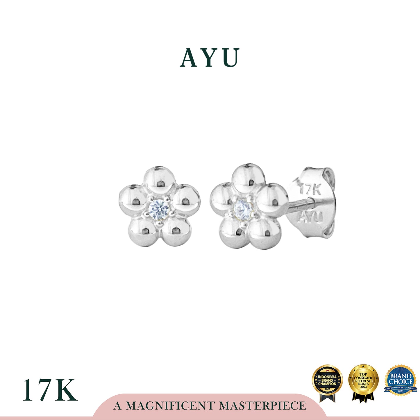 AYU Anting Emas - Mochi Flower Studs 17k Rose & White Gold