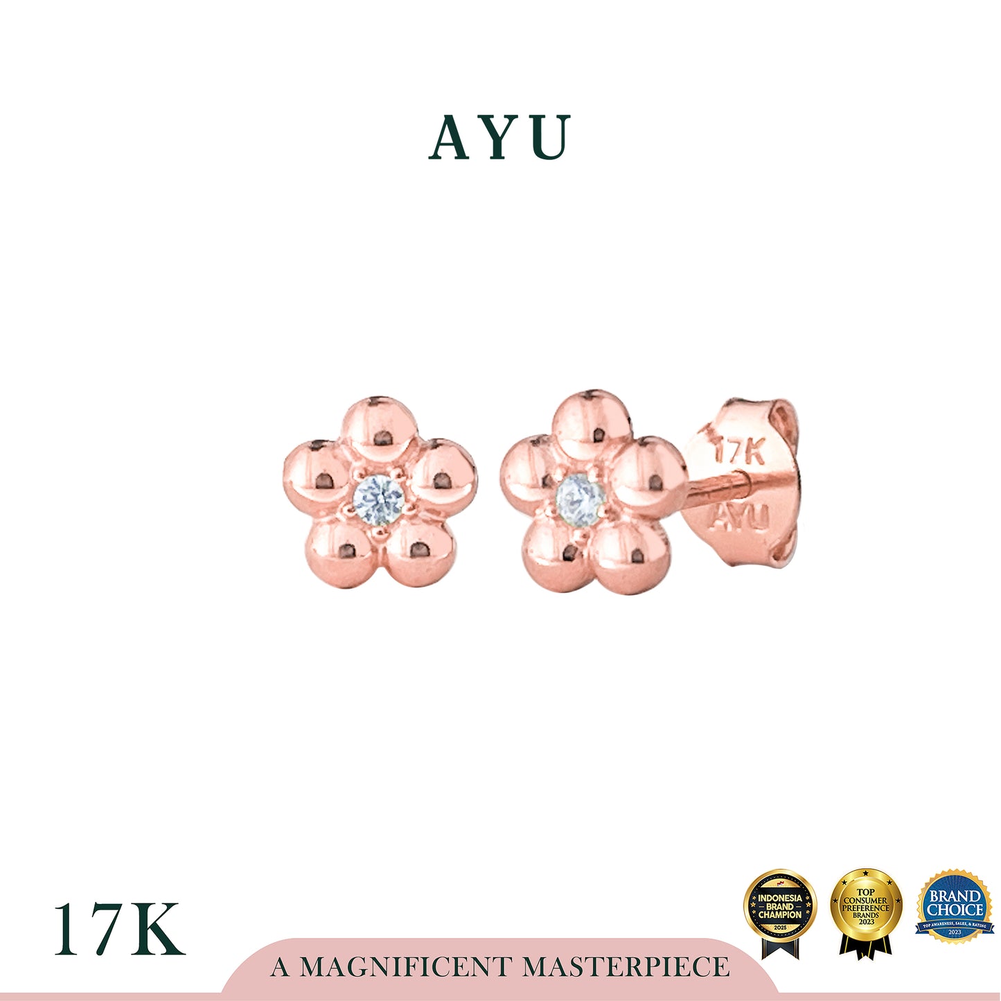 AYU Anting Emas - Mochi Flower Studs 17k Rose & White Gold