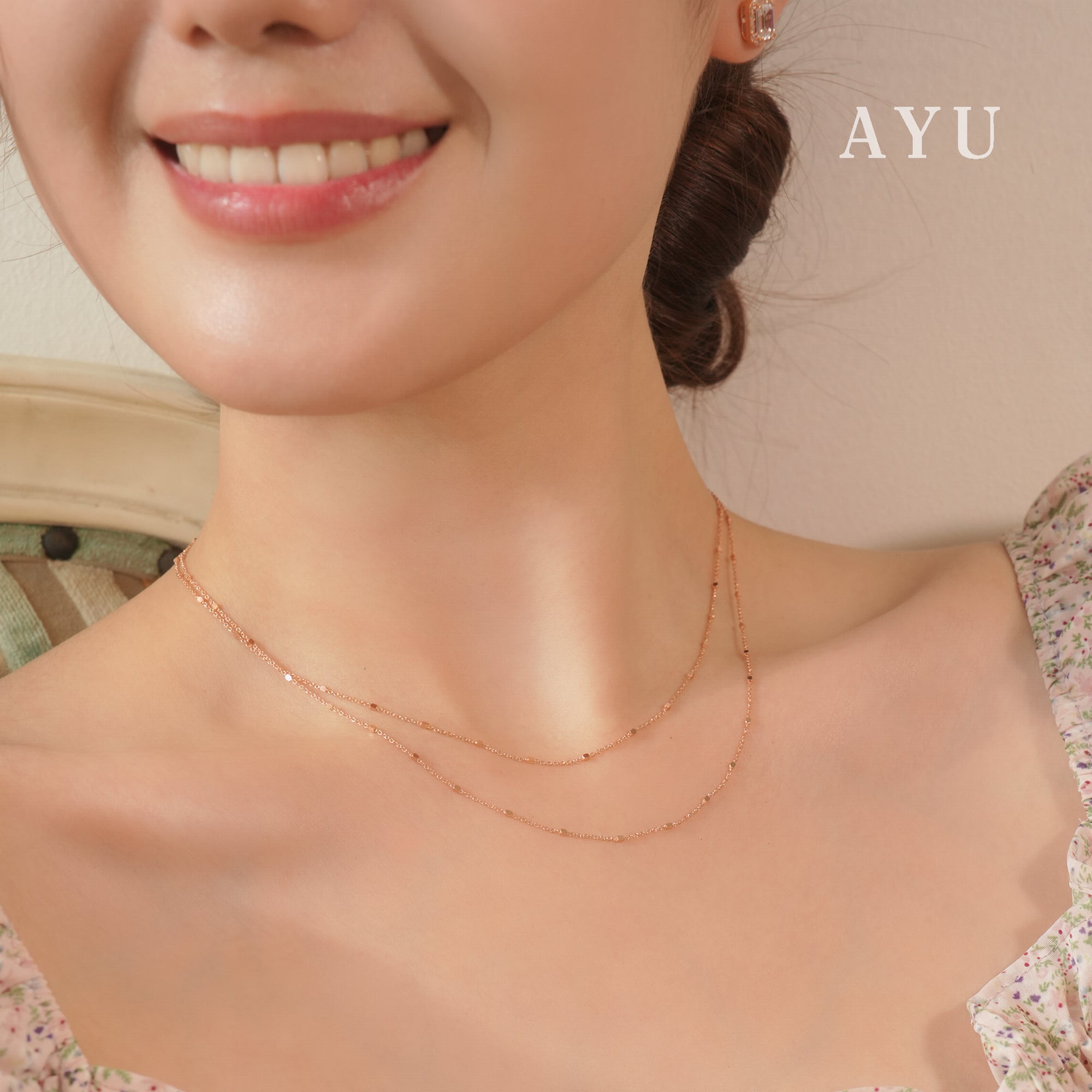 AYU Kalung Emas - Double Layer Bling Beads Chain Necklace 17k Rose Gold