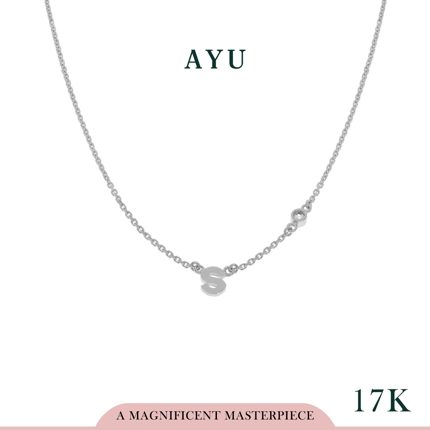 AYU GOLD INITIAL WITH MINI BEZEL CHAIN NECKLACE 17K WHITE GOLD