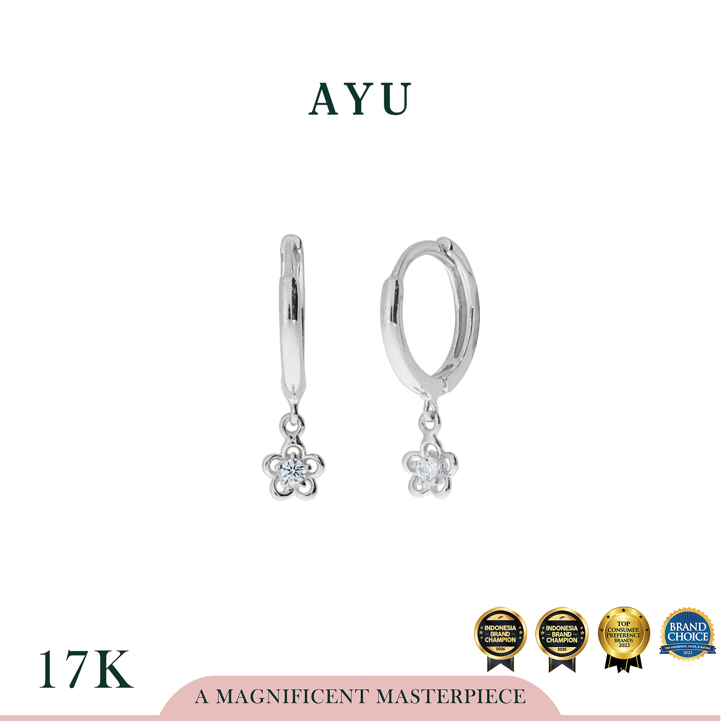 AYU Anting Emas - Gold Doughnut With Golden Daisy Earrings 17k White Gold