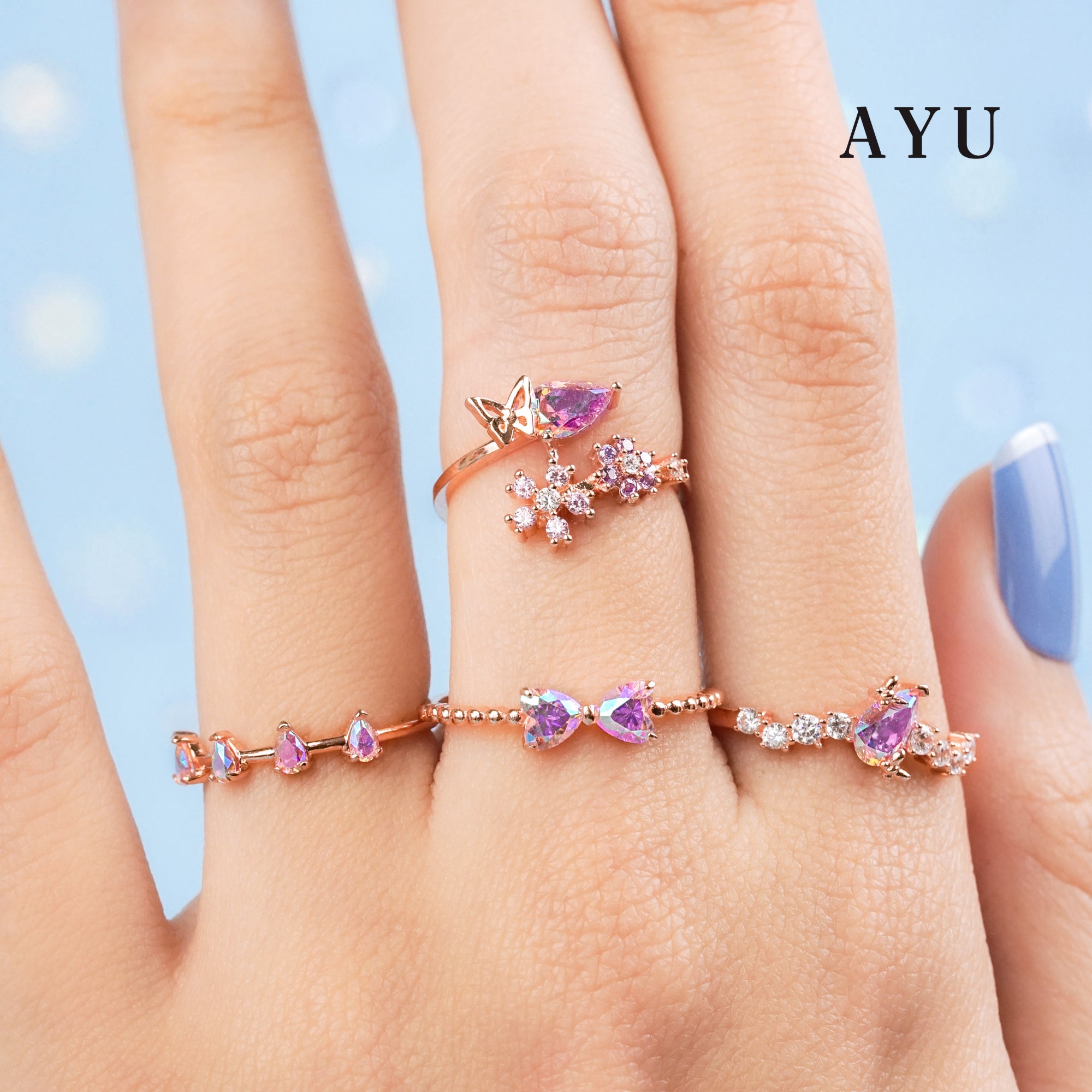 AYU Cincin Emas - Magical Bow Hearts With Beaded Ring 17K Rose Gold