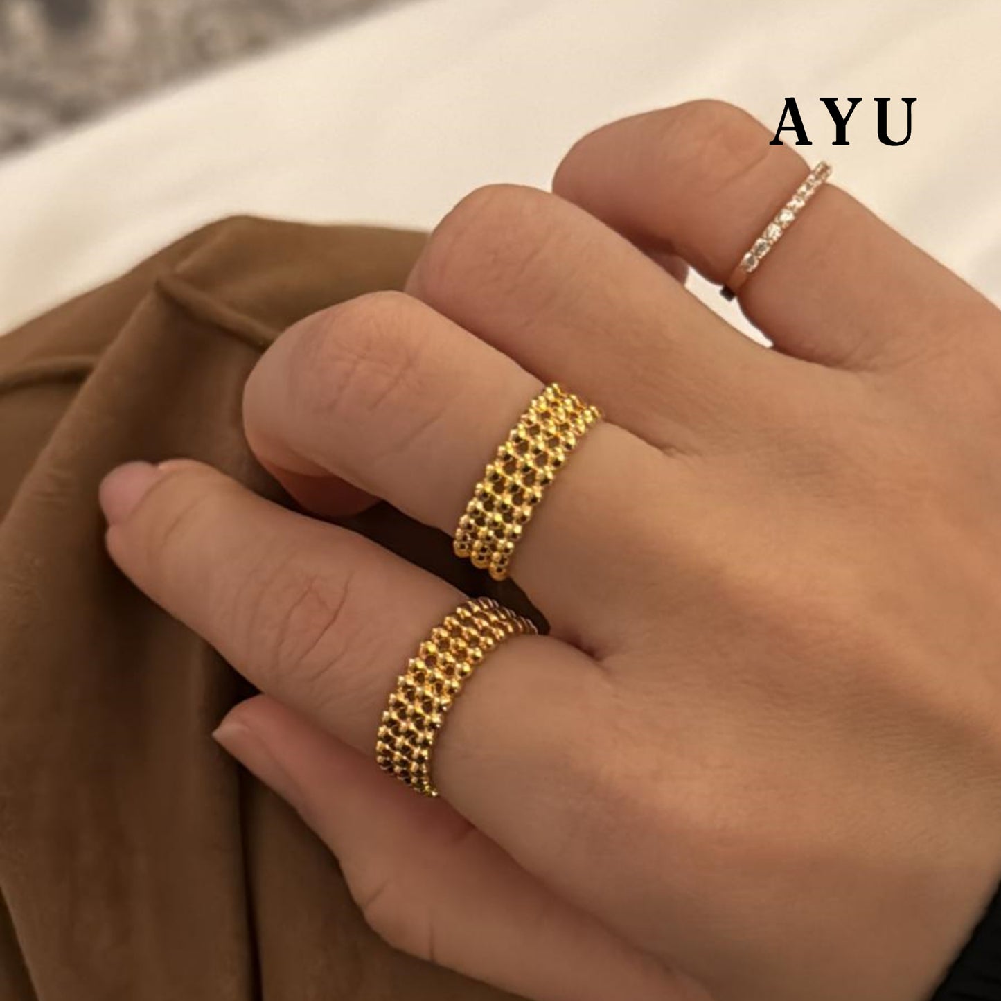 AYU Cincin Emas-Gold Triple Pepper Beads Stack 16k Yellow Gold
