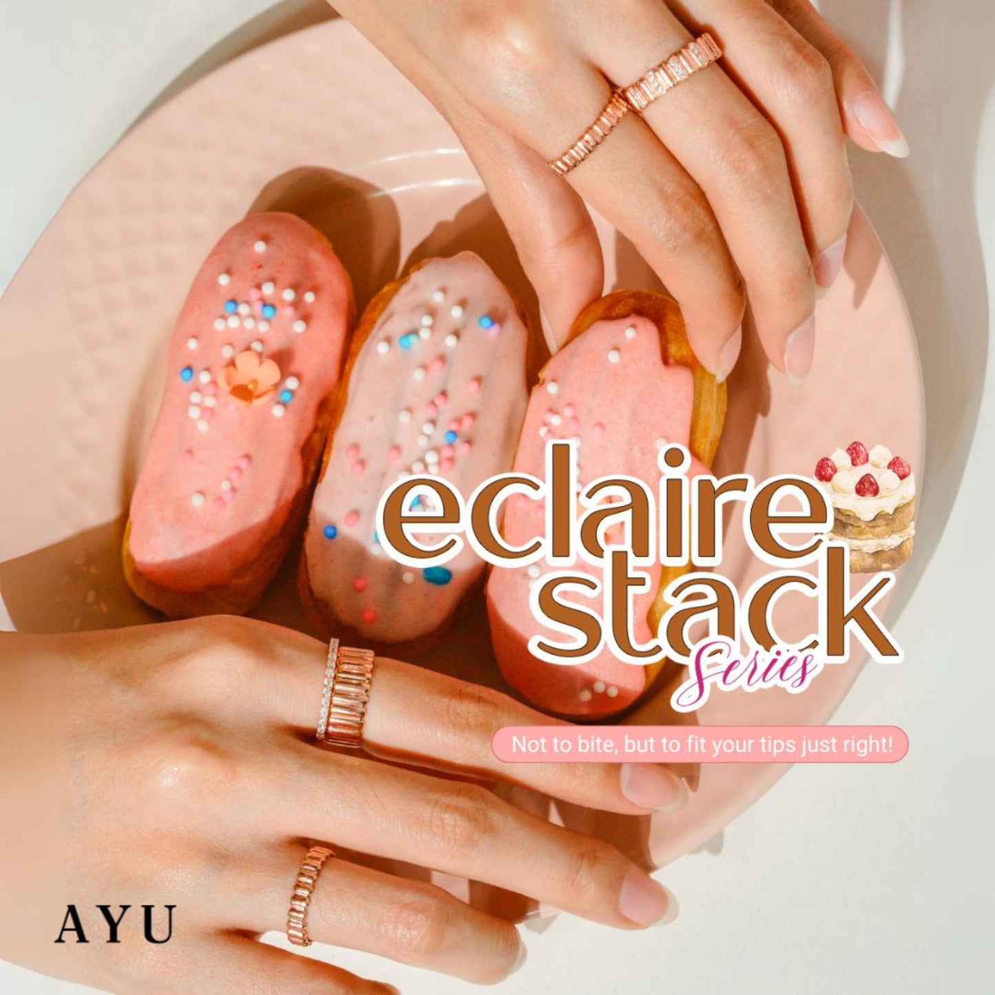 AYU Cincin Emas - Wide Gold Eclaire Stack 17K Rose Gold