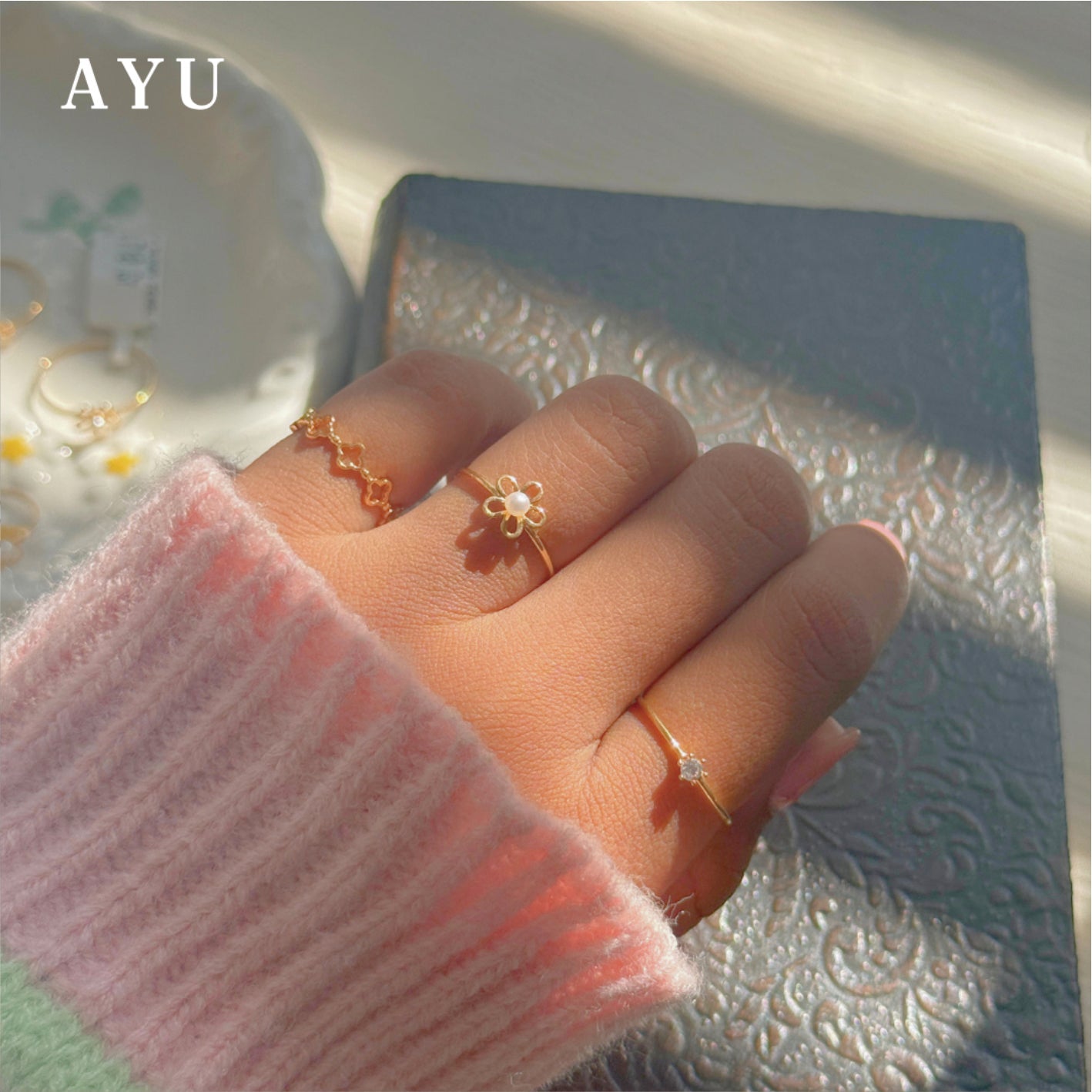 AYU Cincin Emas - Flower Pearl Ring 17k White Gold