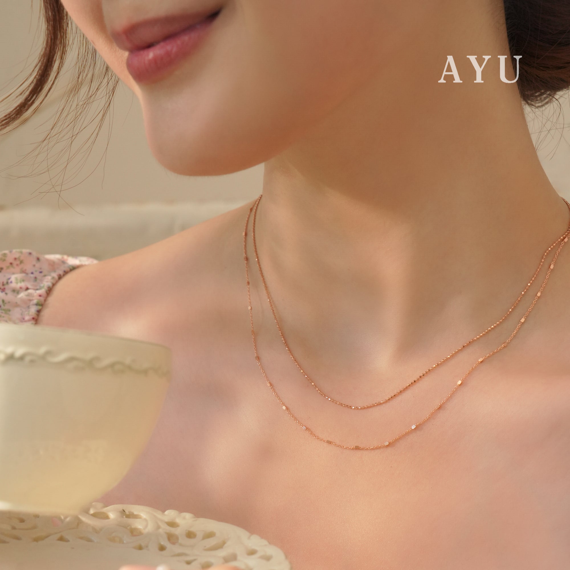 AYU Kalung Emas Korea - Double Layer Bling And Pepper Beads Chain Necklace 17k Rose Gold
