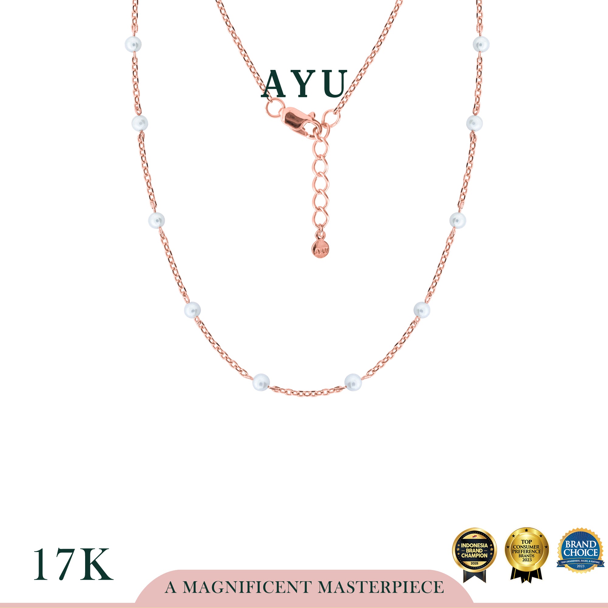 AYU Kalung Emas - Pearl Chain Necklace 17K Rose Gold