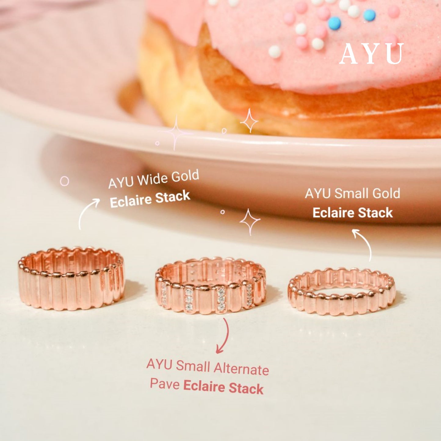 AYU Cincin Emas - Wide Gold Eclaire Stack 17K Rose Gold