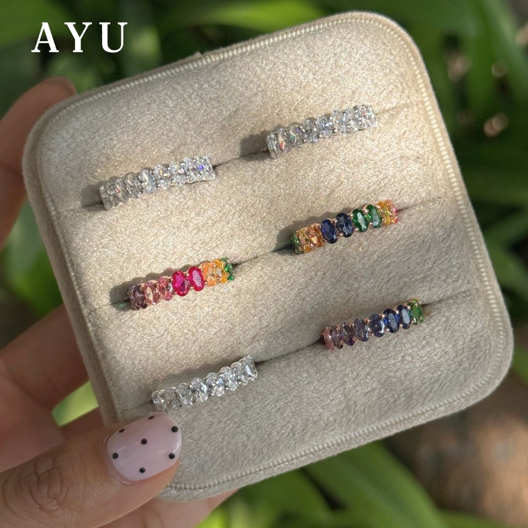 AYU Cincin Emas - Oval Eternity Ring Rainbow Stone 17k Rose Gold