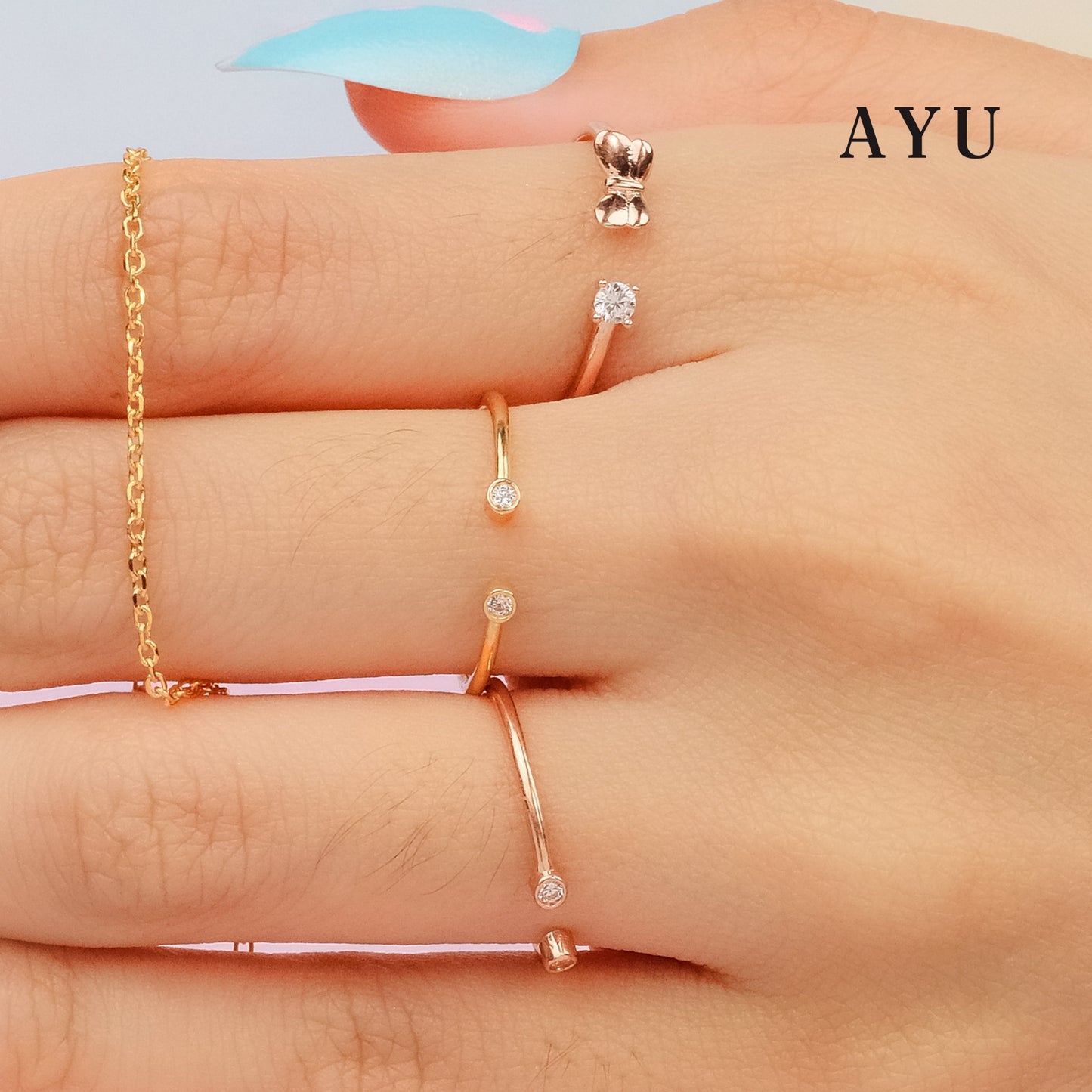 AYU Cincin Emas Korea - Butterfly Mini Solitaire Open Ring 17K Rose Gold