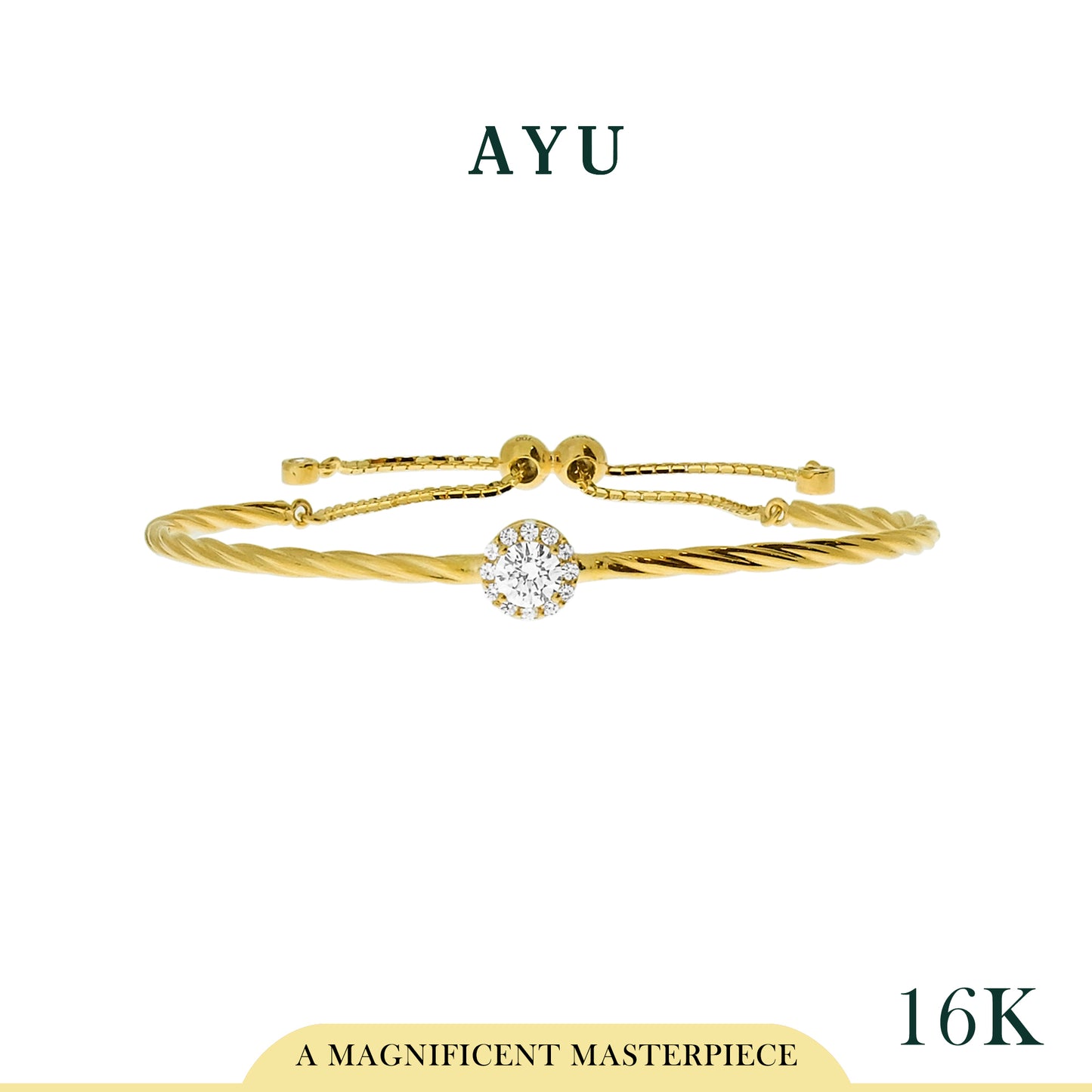 AYU Gelang Emas - Round Solitaire With Halo Twist Bolo Bangle 16K Yellow Gold