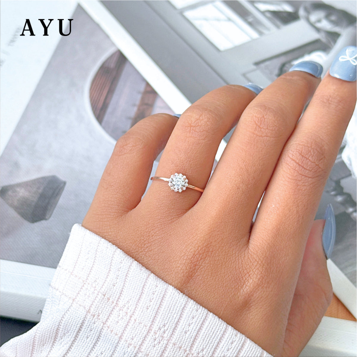 AYU Cincin Emas - Single Prong Halo Solitaire 17k Rose Gold