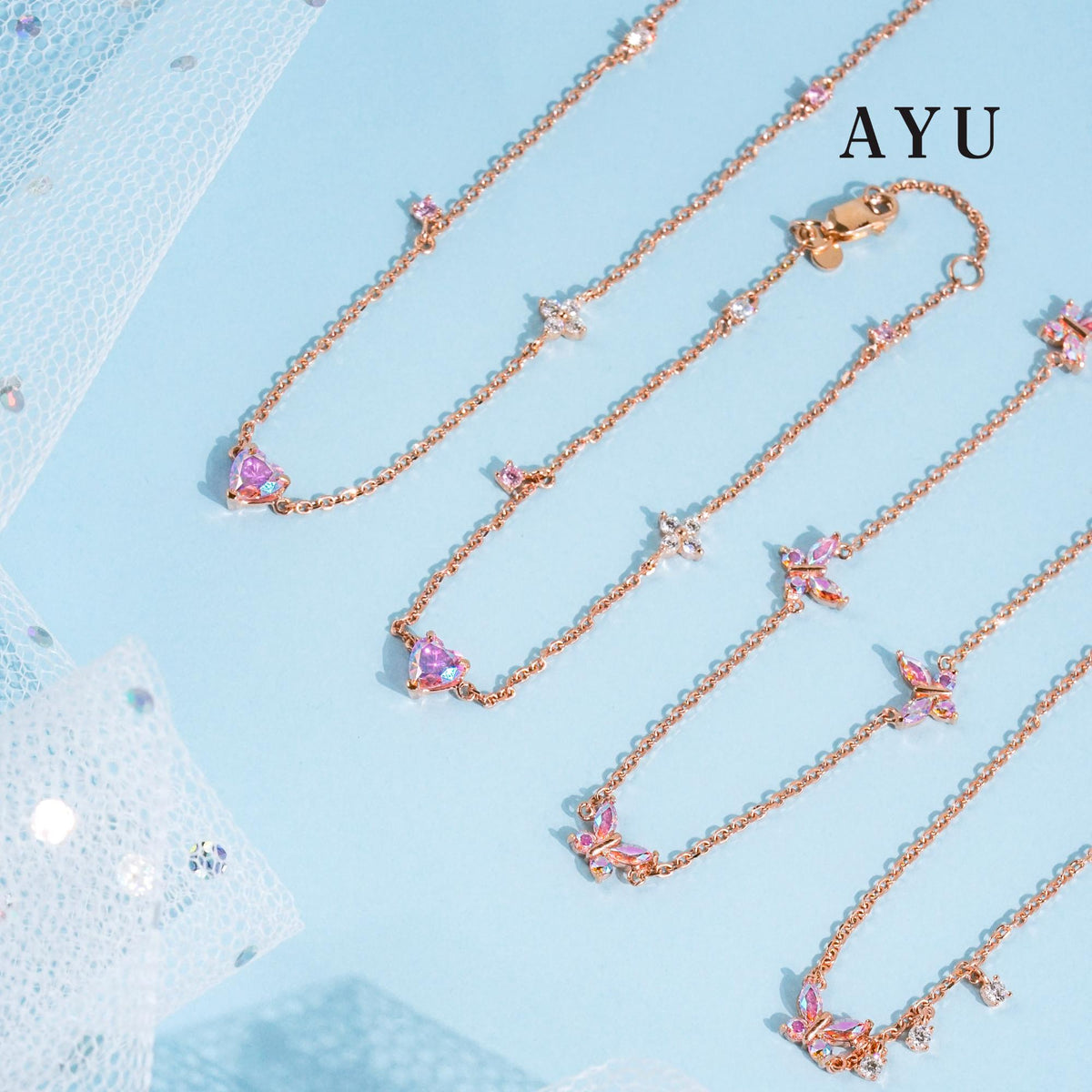AYU Gelang Emas - 5 Magical Fluttering Butterfly Chain Bracelet 17K Rose Gold