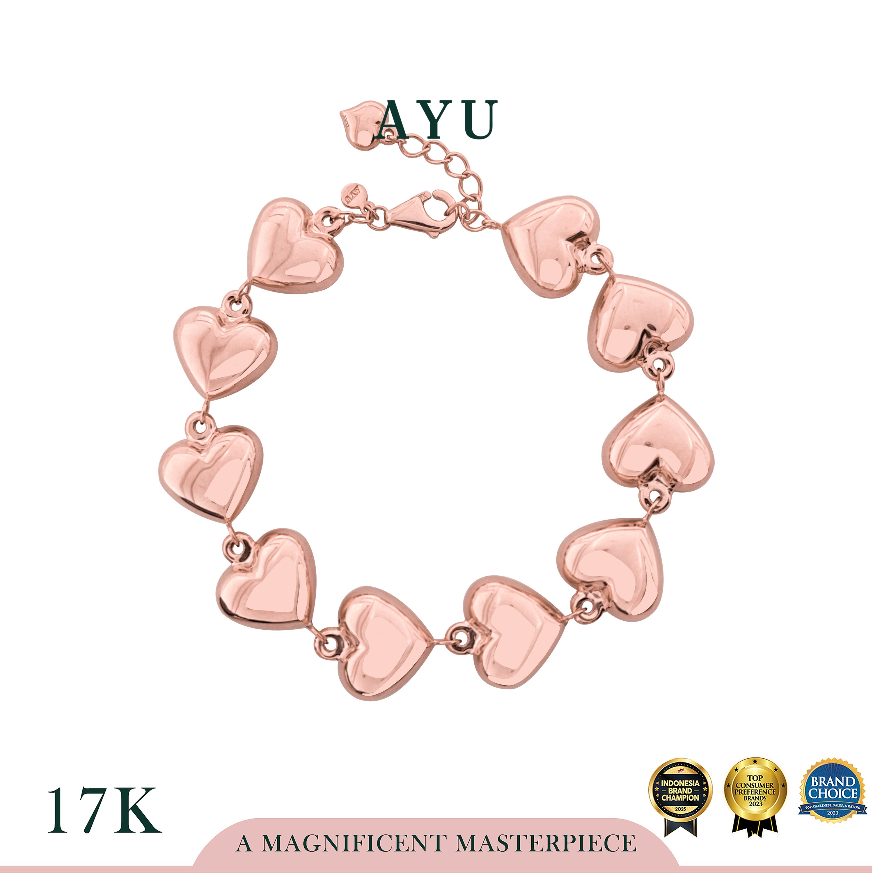 AYU Gelang Emas - Fluffy Fluffy Heart Eternity Chain Bracelet 17k Rose Gold