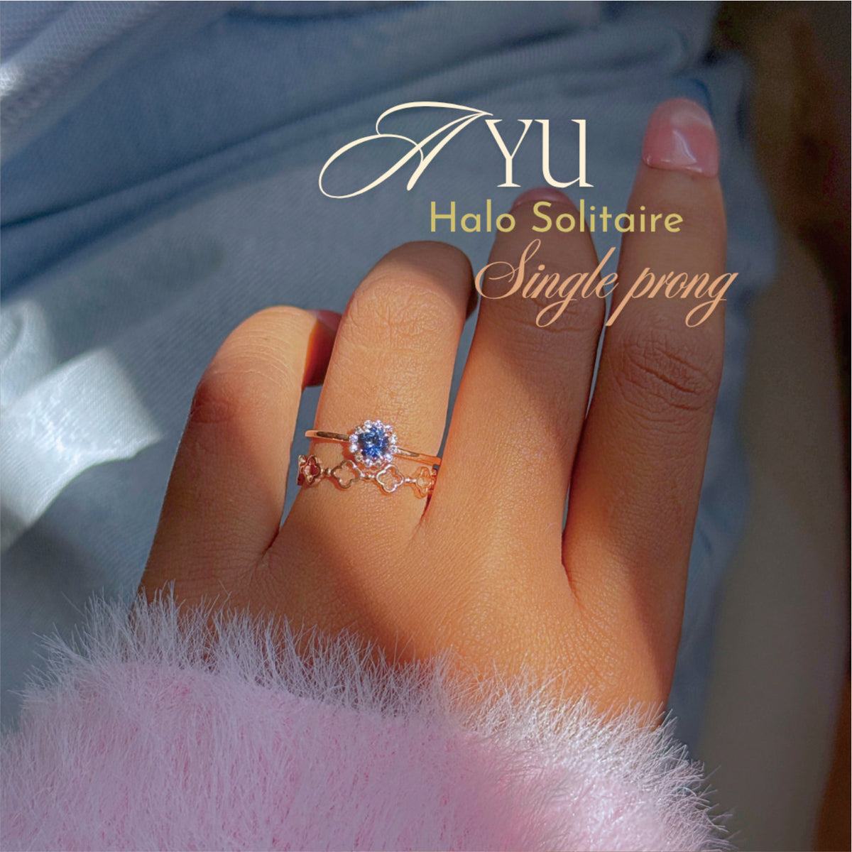 AYU Cincin Emas - Single Prong Halo Solitaire 17k Rose Gold