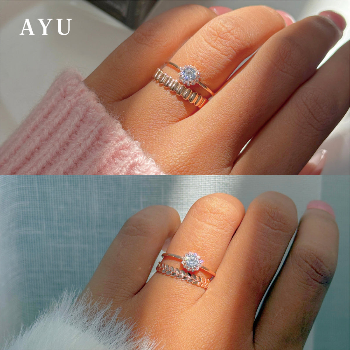 AYU Cincin Emas - Single Prong Halo Solitaire 17k Rose Gold