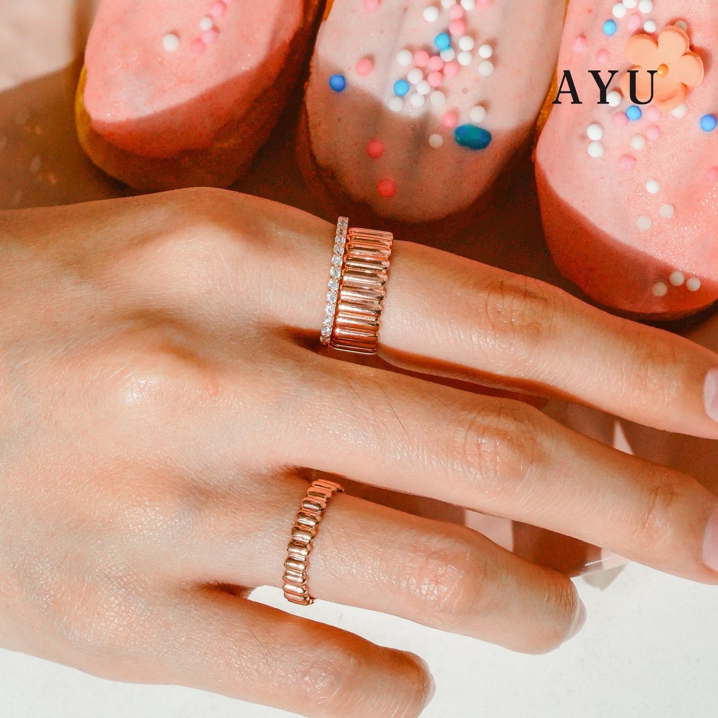 AYU Cincin Emas - Wide Gold Eclaire Stack 17K Rose Gold