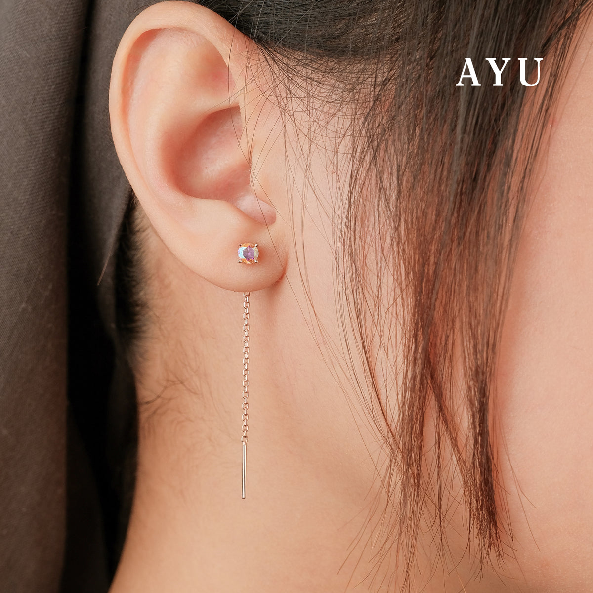 AYU Anting Emas - Magical Round Solitaire Thread Earrings 17k Rose Gold