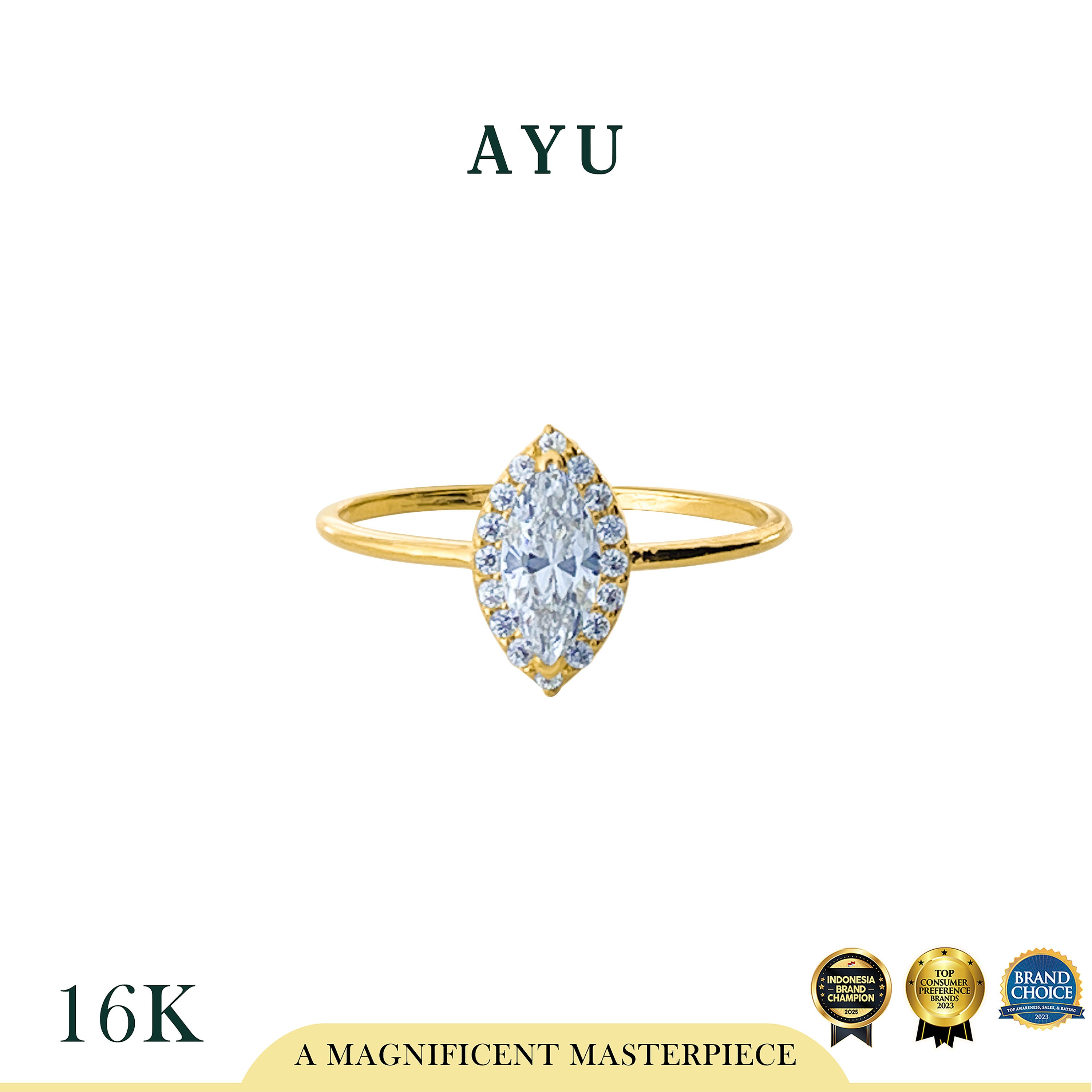 AYU Cincin Emas - Marquise Halo Ring 16k Yellow Gold