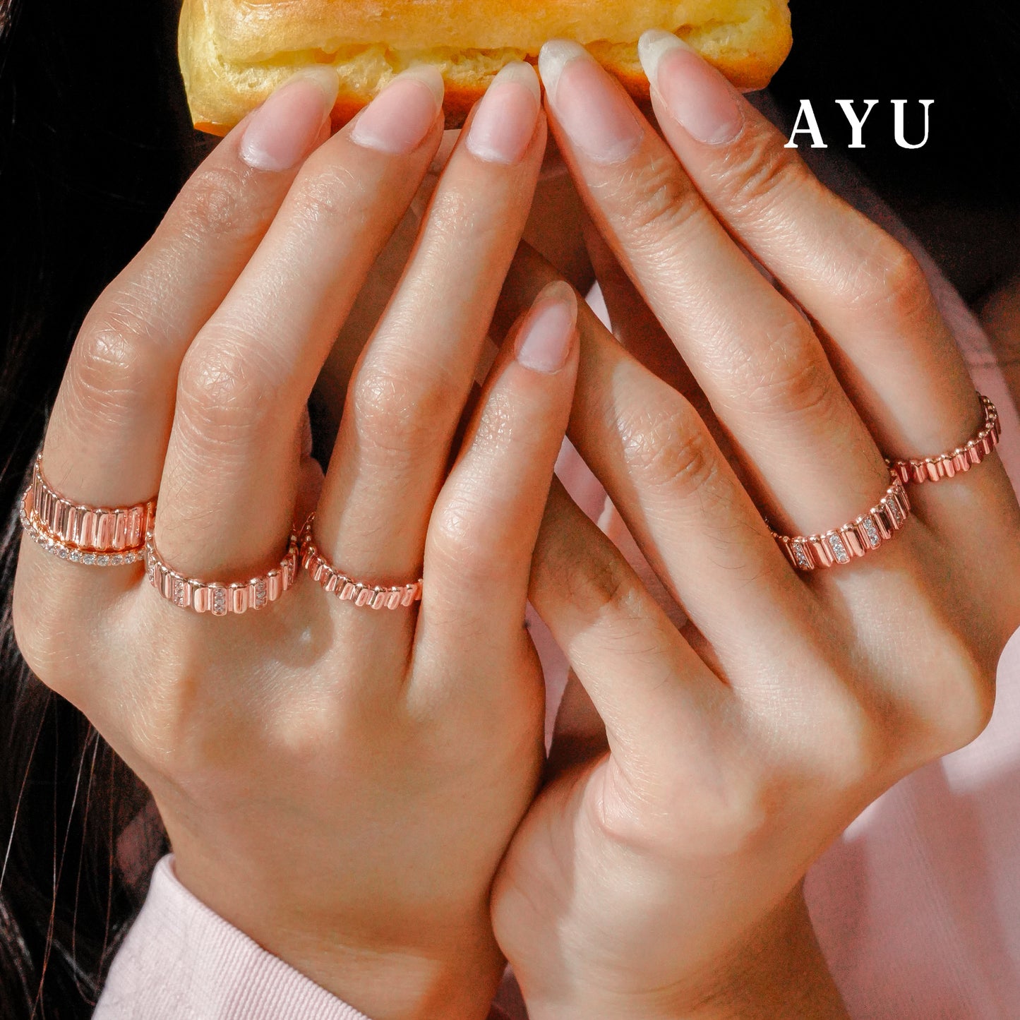 AYU Cincin Emas - Wide Gold Eclaire Stack 17K Rose Gold