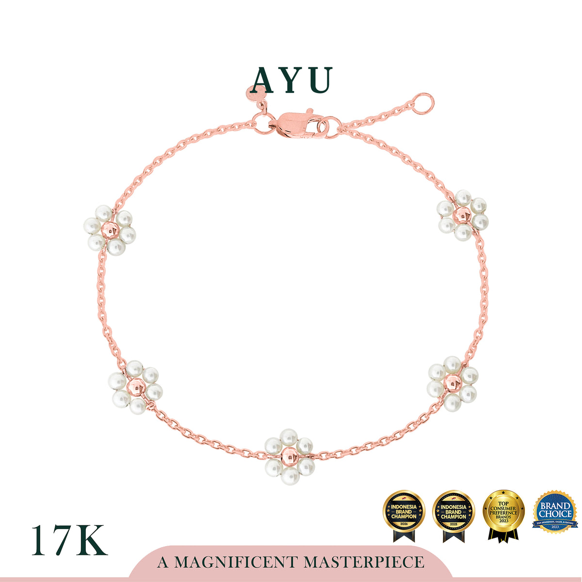 AYU Gelang Emas - 5 Beaded Pearl Flower Bracelet 17k Rose Gold