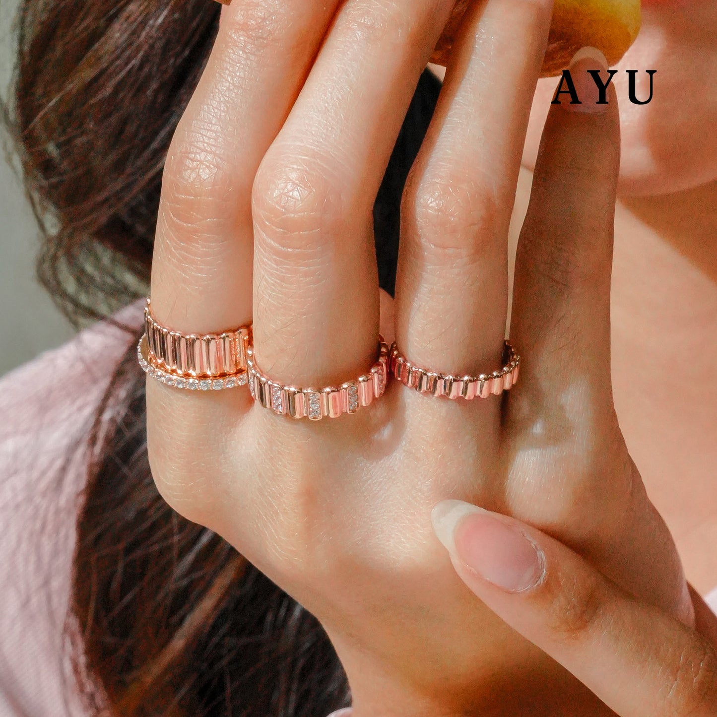 AYU Cincin Emas - Wide Gold Eclaire Stack 17K Rose Gold