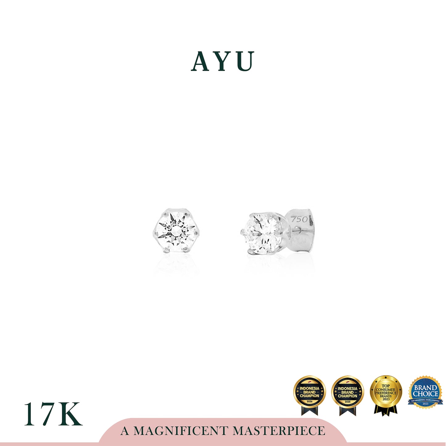 AYU Anting Emas Tindik - 6 Prong Studs 17K White Gold