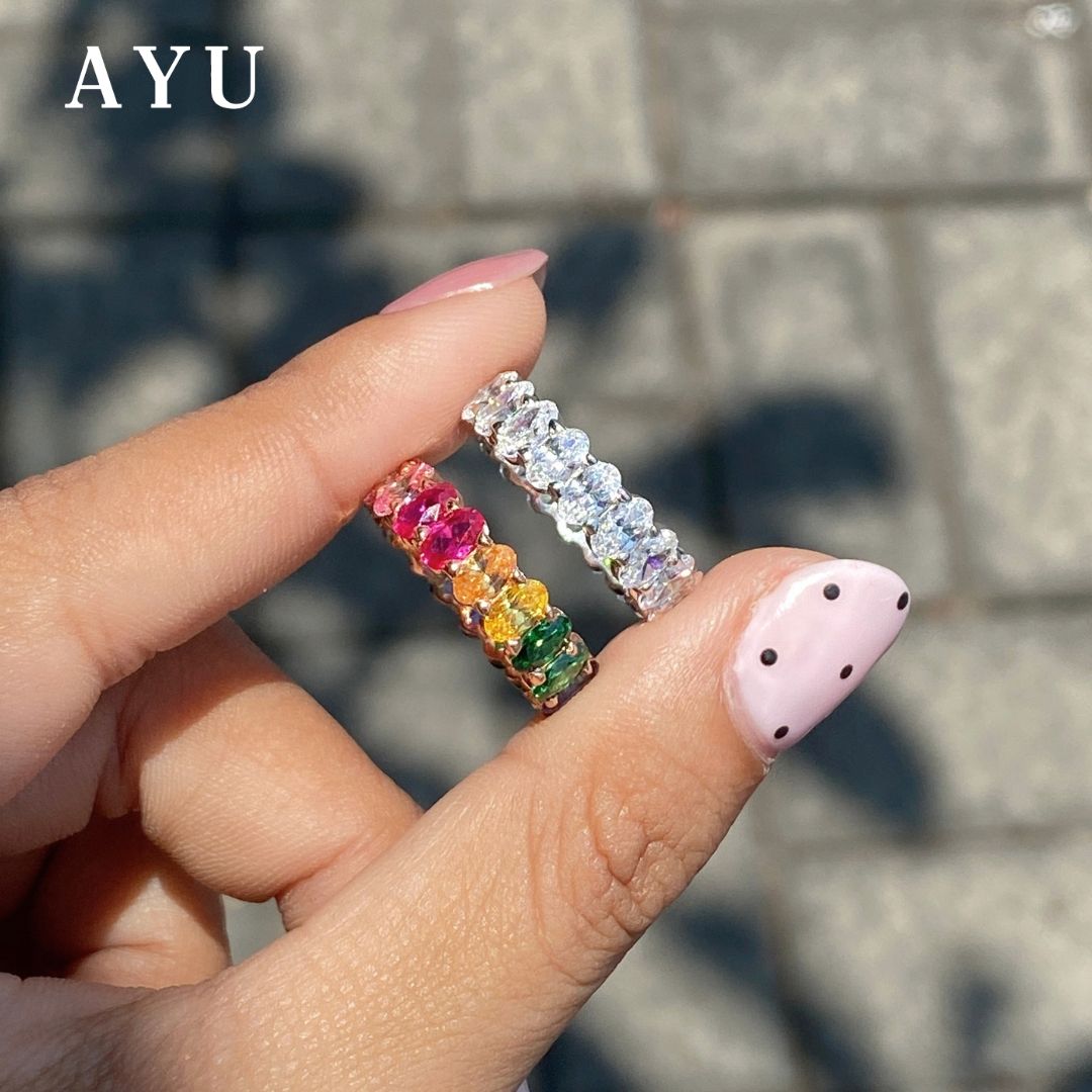 AYU Cincin Emas - Oval Eternity Ring Rainbow Stone 17k Rose Gold