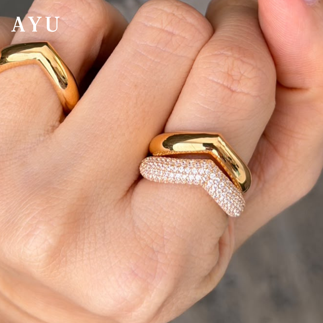 AYU Cincin Emas - Pave Chevron Globe Ring 16k Yellow Gold