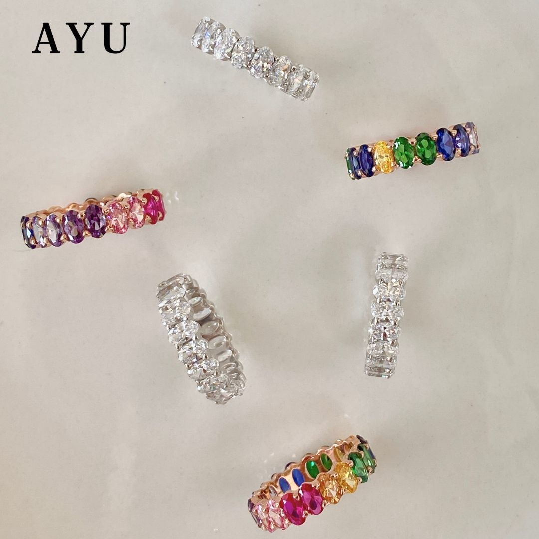 AYU Cincin Emas - Oval Eternity Ring Rainbow Stone 17k Rose Gold