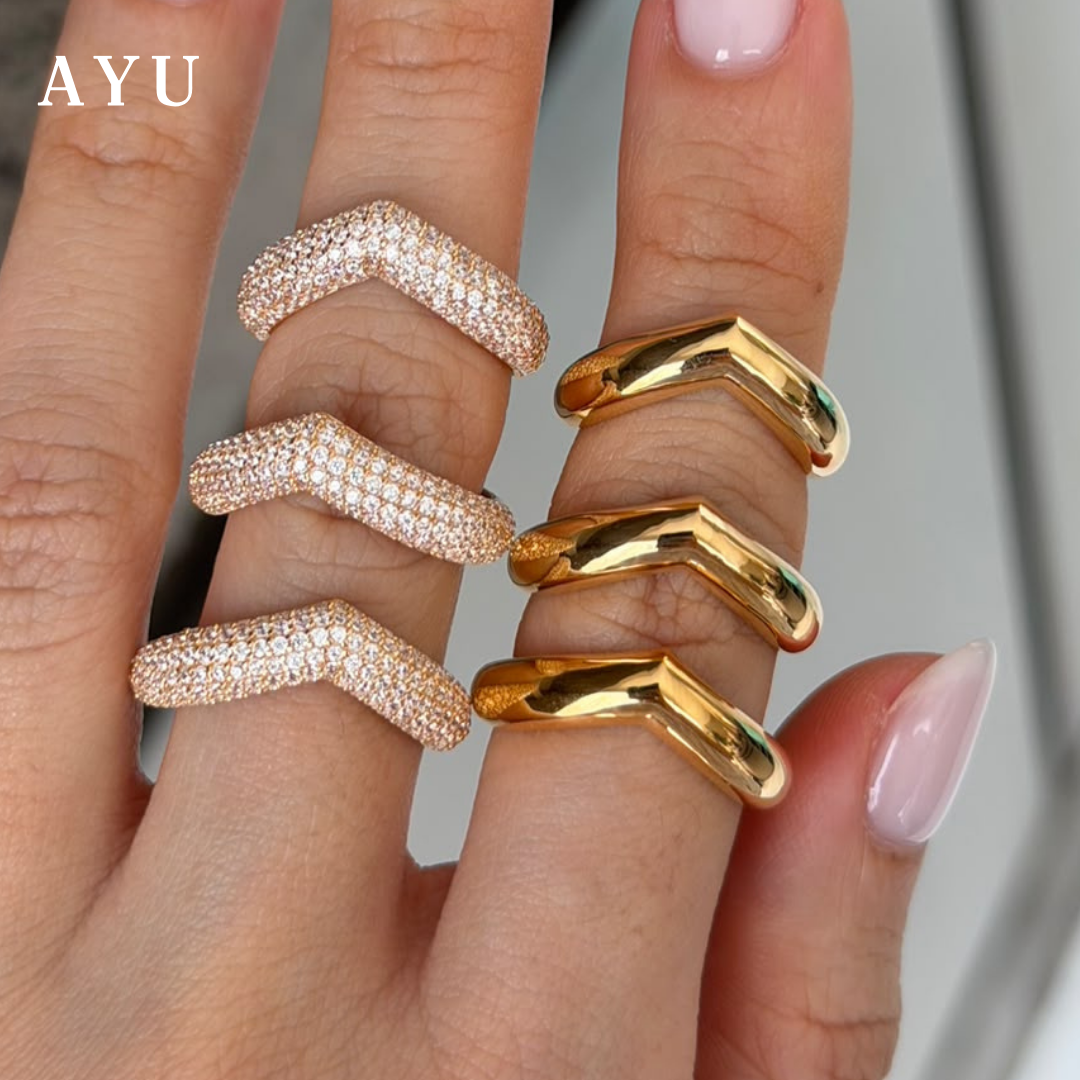 AYU Cincin Emas - Pave Chevron Globe Ring 16k Yellow Gold