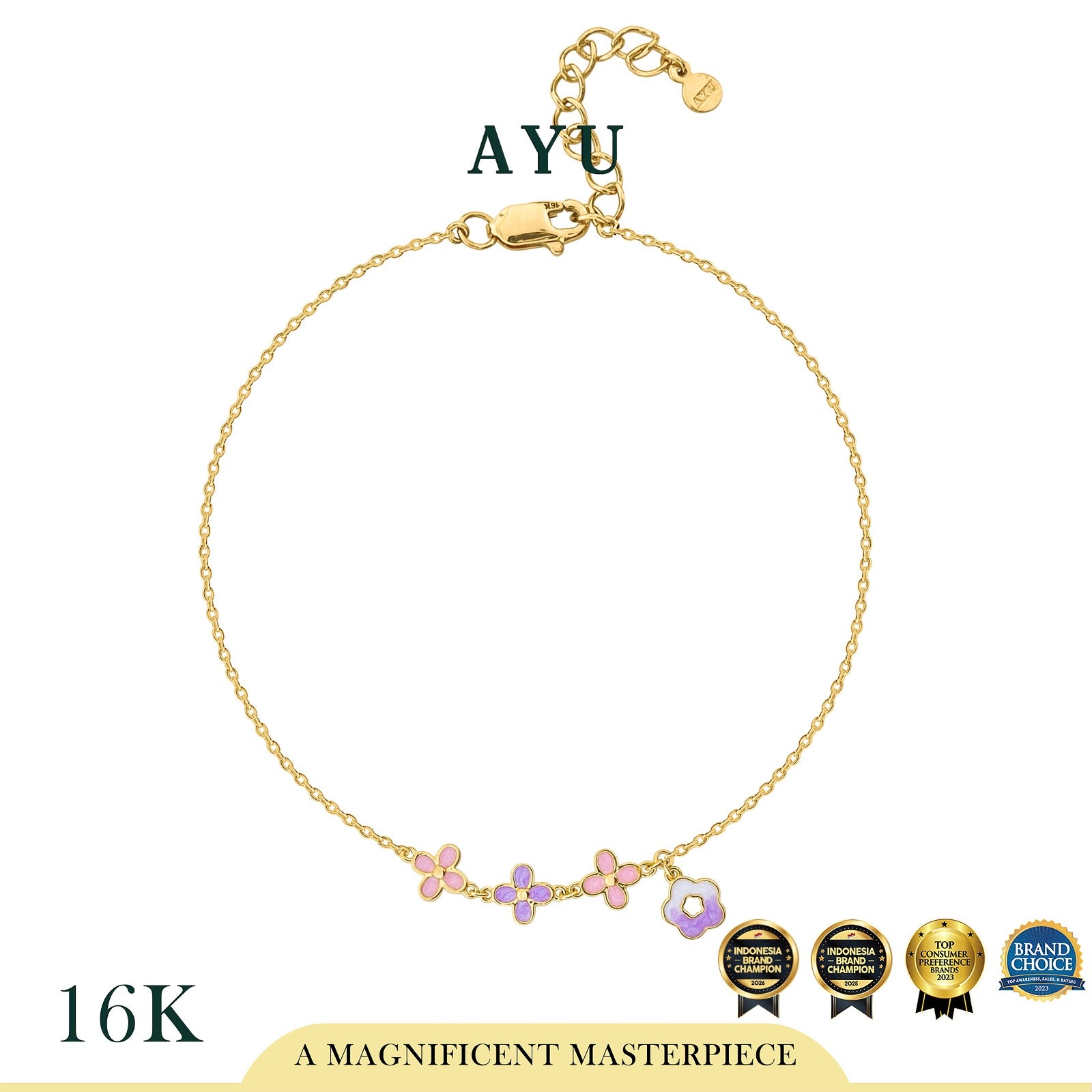AYU Gelang Emas - 3 Clover Glaze With Flower Bracelet 16k Yellow Gold