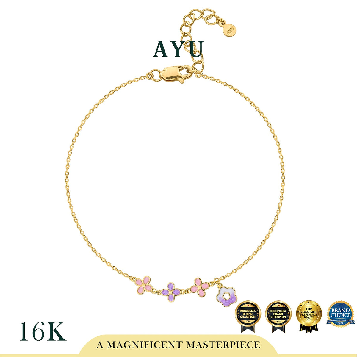 AYU Gelang Emas - 3 Clover Glaze With Flower Bracelet 16k Yellow Gold